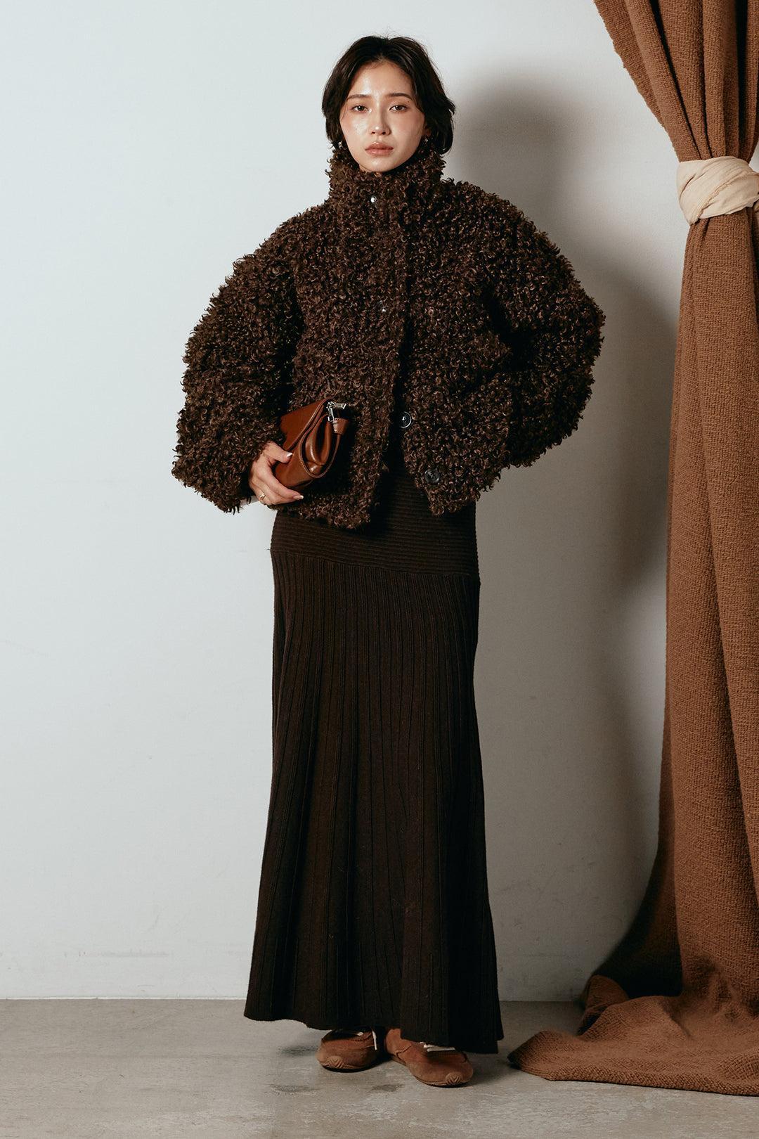 [SET]プードルファーミドルジャケット+編み地切り替えフレアニットスカート(2set)