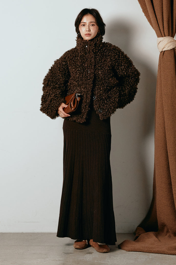 [SET]プードルファーミドルジャケット+編み地切り替えフレアニットスカート(2set)