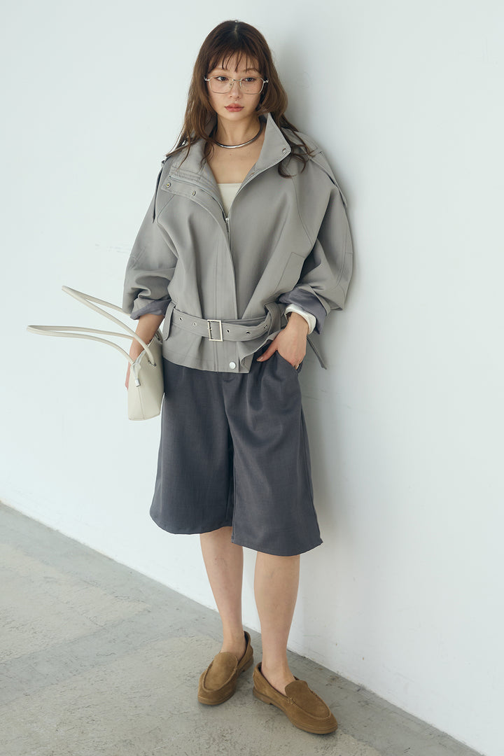 [SET]ベルト付きスタンドネックアウター+ツイルタックハーフパンツ(2set)