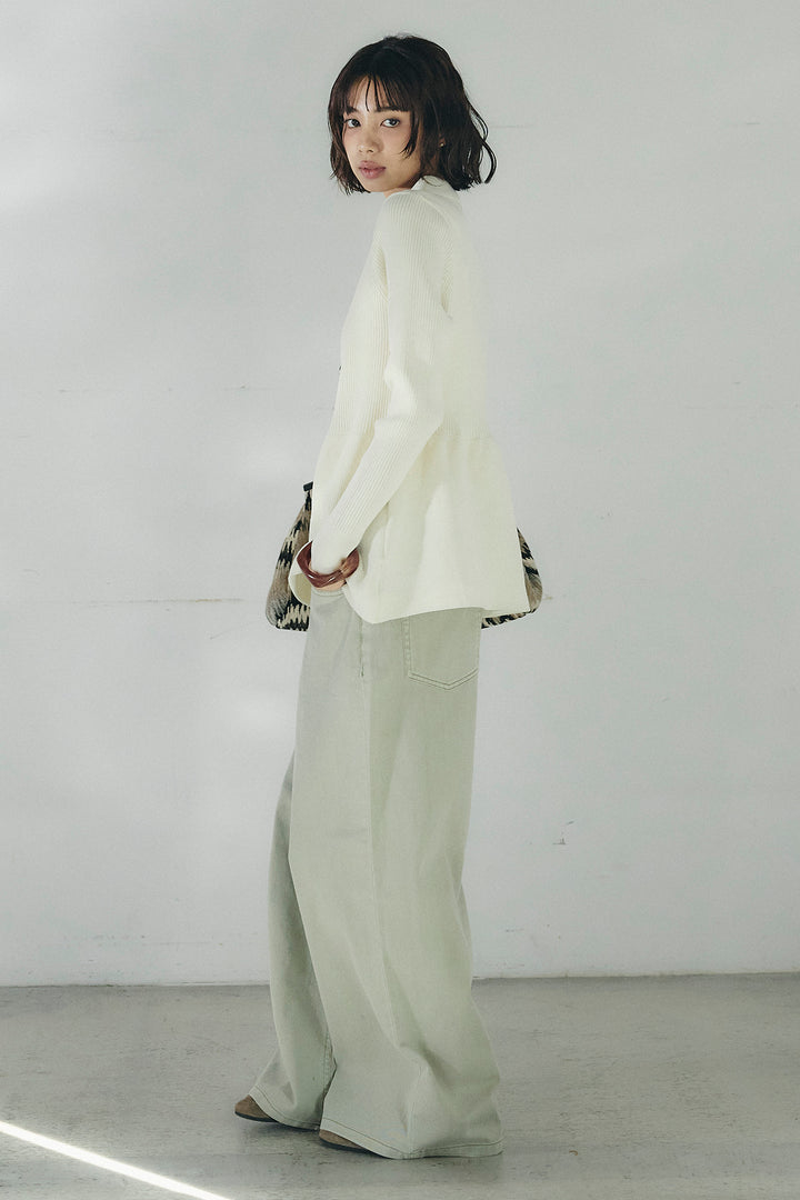 [SET]スキッパーペプラムニット+ウエスト裁ち切りデニムワイドパンツ(2set)