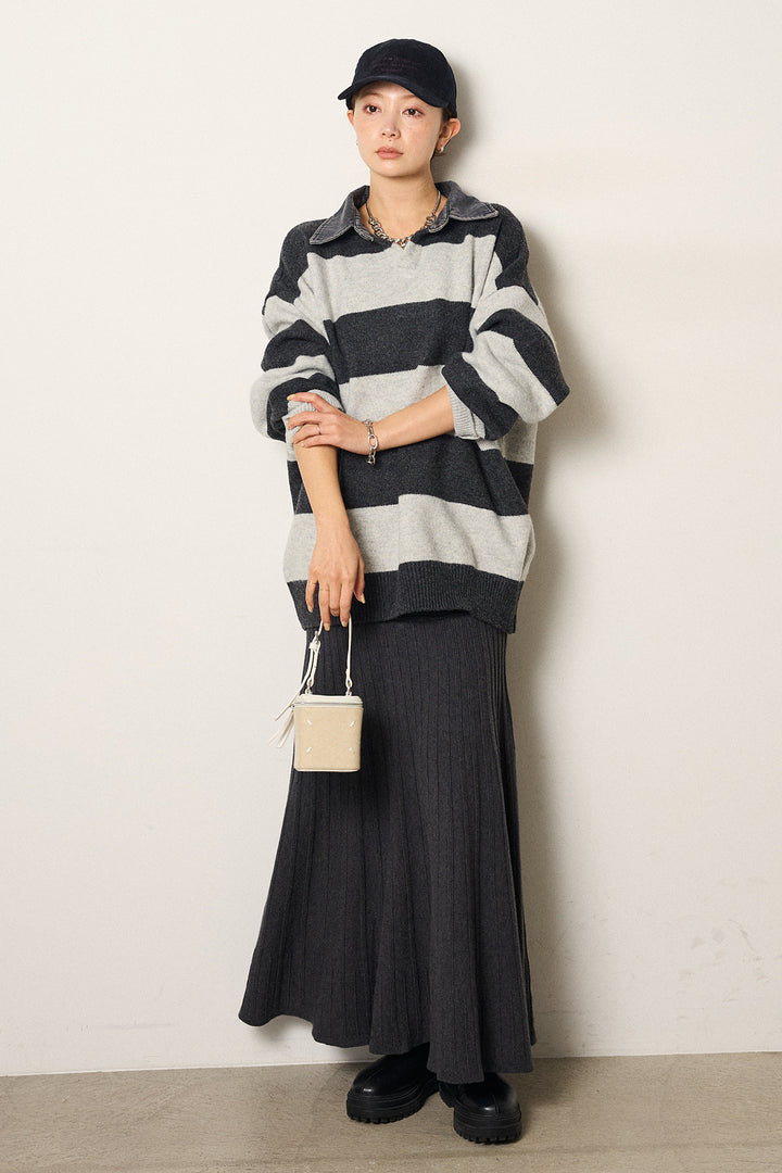 [SET]デニムカラーボーダールーズニット+編み地切り替えフレアニットスカート(2set)