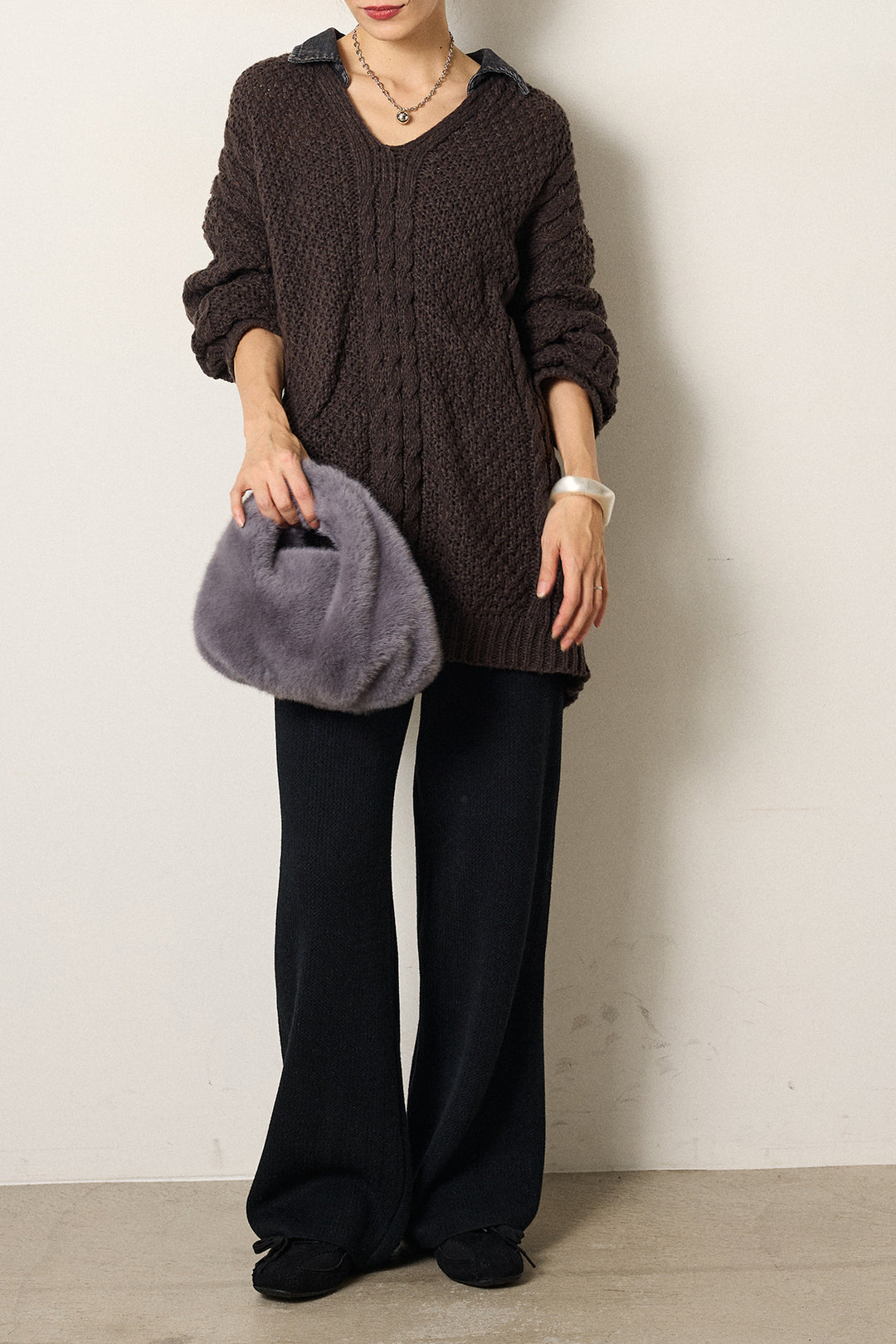 [SET]デニムカラーケーブルオーバーニット+ワイドリブニットイージーパンツ(2set)