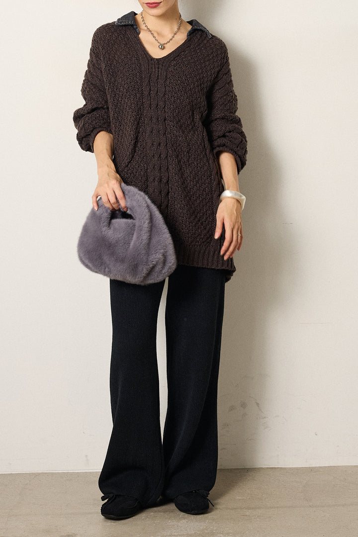 [SET]デニムカラーケーブルオーバーニット+ワイドリブニットイージーパンツ(2set)