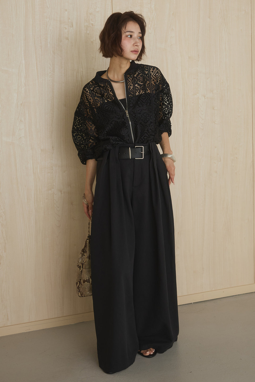 [SET]幾何レースブルゾン+ベルト付きビックループワイドパンツ(2set)