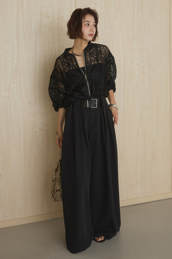 [SET]幾何レースブルゾン+ベルト付きビックループワイドパンツ(2set)