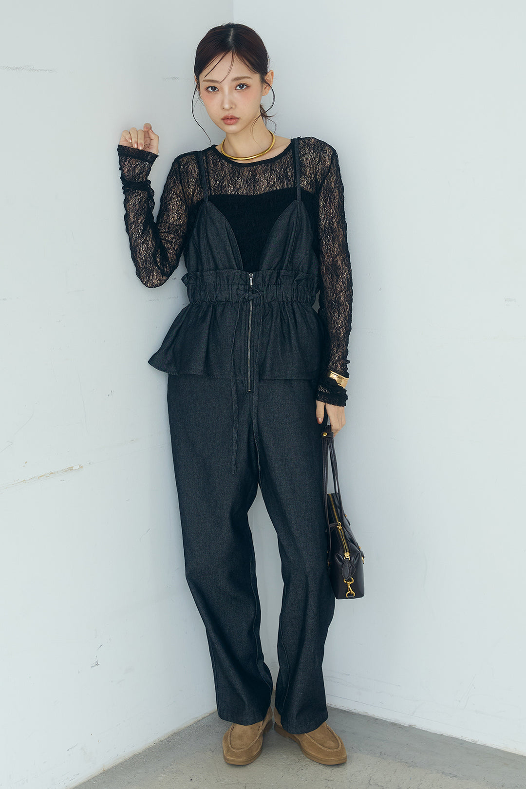 [SET]ストレッチレースクルーネックインナー+デニムペプラムコンビネゾン(2set)