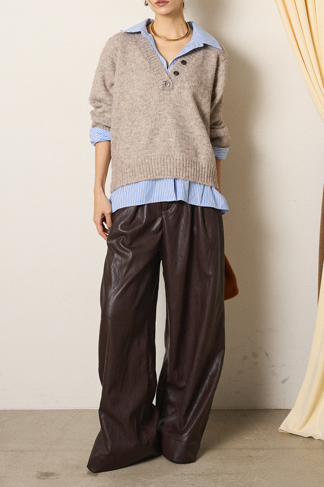 [SET]ストライプシャツドッキングニットポロトップス+ベルト付きレザーライクタックパンツ(2set)