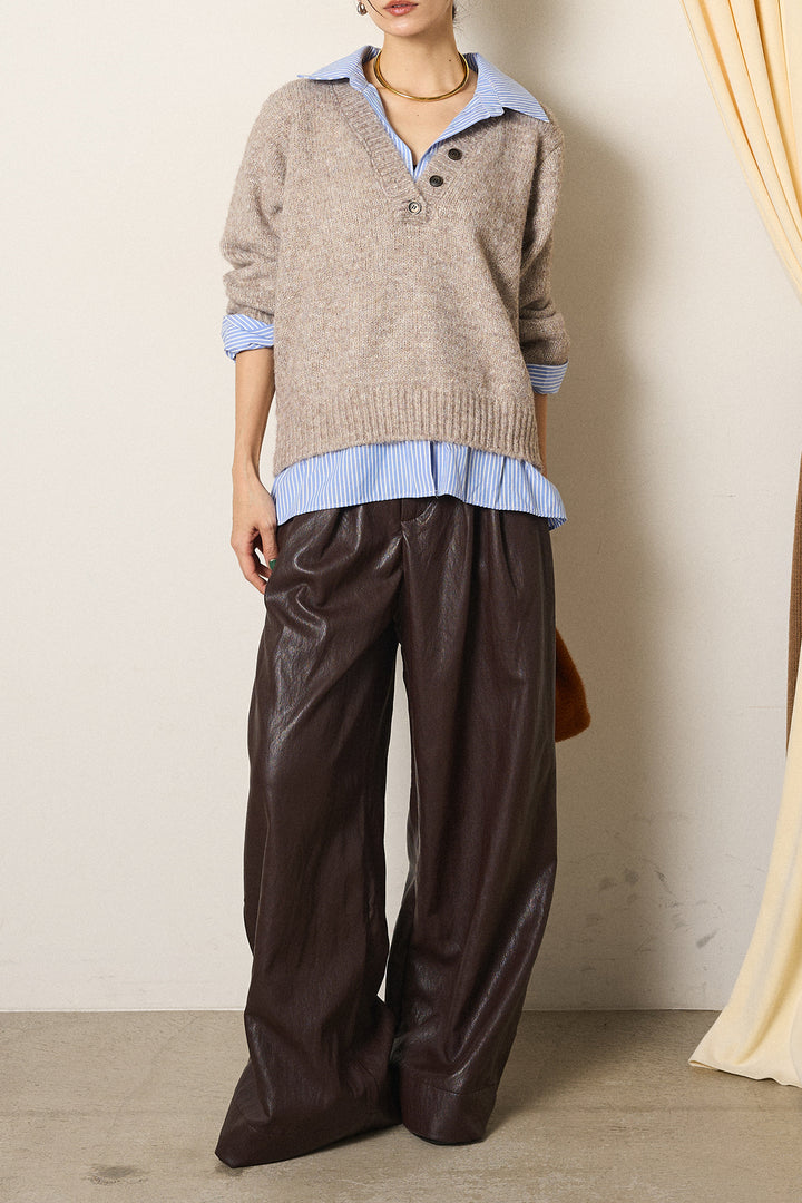 [SET]ストライプシャツドッキングニットポロトップス+ベルト付きレザーライクタックパンツ(2set)