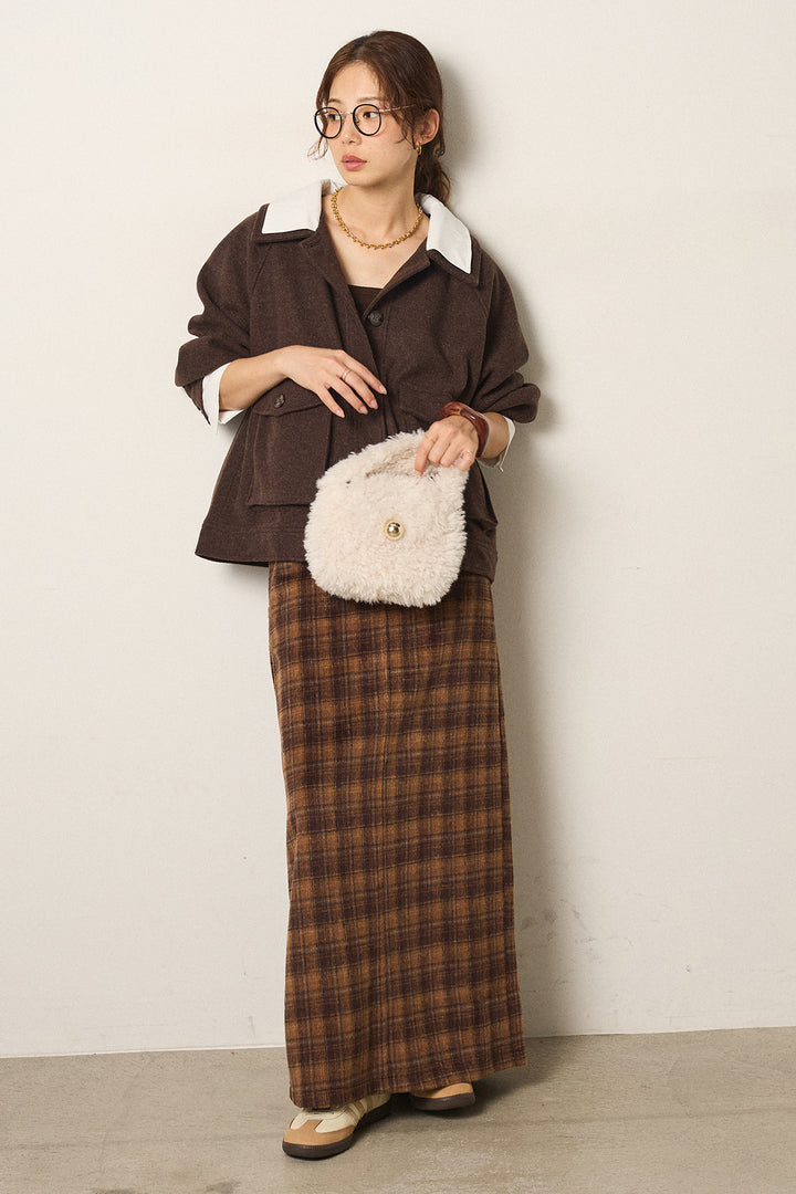 [SET]衿レイヤードフェイクウールジャケット+シャギーチェックストレートスカート(2set)