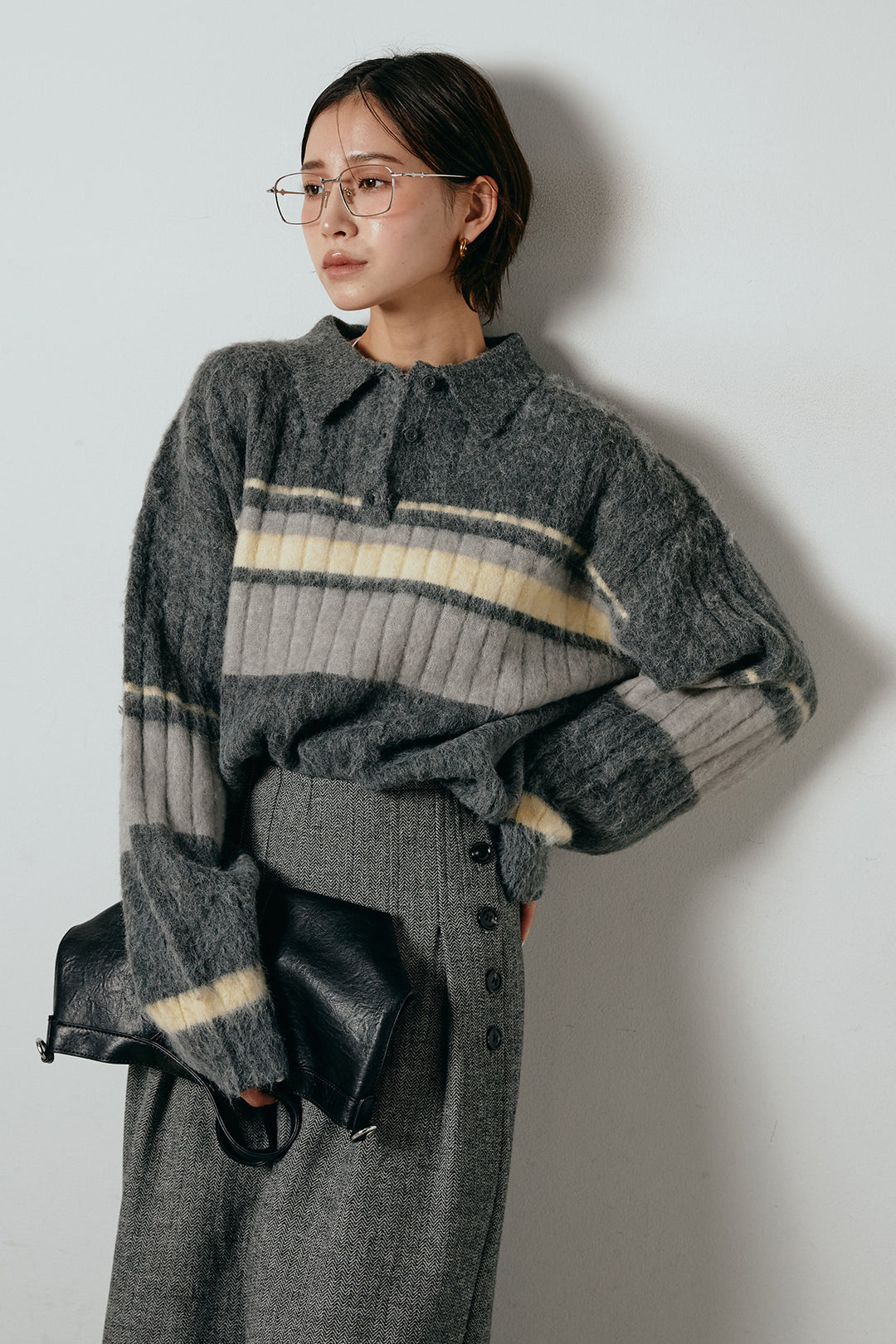 アルパカタッチボーダーポロニット/チャコール