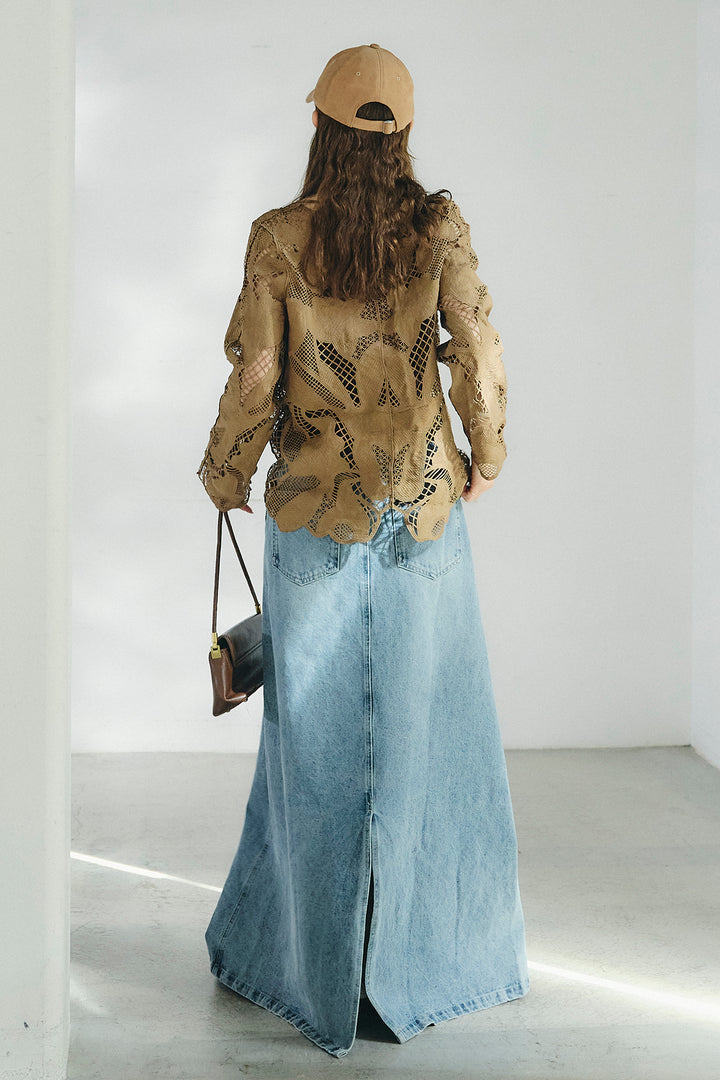 [SET]フラワー刺繍レースブラウス+デニムロングフレアスカート(2set)