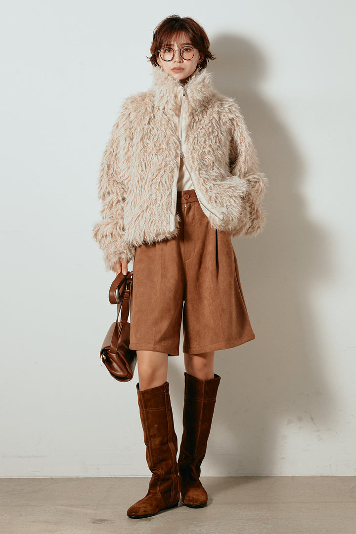 [SET]ミックスシープファースタンドブルゾン+フェイクスウェードハーフパンツ(2set)