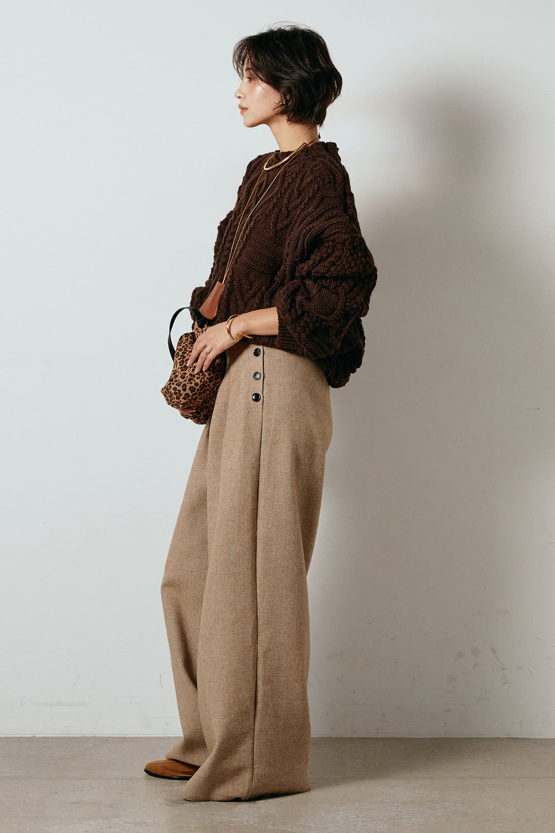 [SET]アラン柄ミックスケーブルニット+サイドボタンツイードタックパンツ(2set)