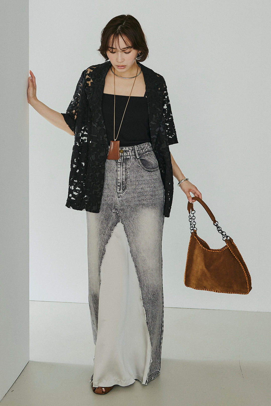 [SET]シアージャガードハーフスリーブテーラードジャケット+サテン切り替えデニムスカート(2set)