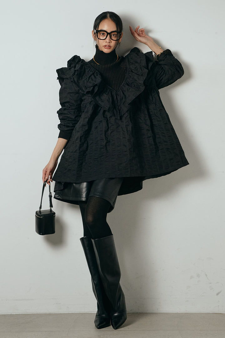 [SET]Vネックフリルカラーブラウス+リブニットシームレスタートルプルオーバー+ストレッチエコレザーバミューダパンツ(3set)