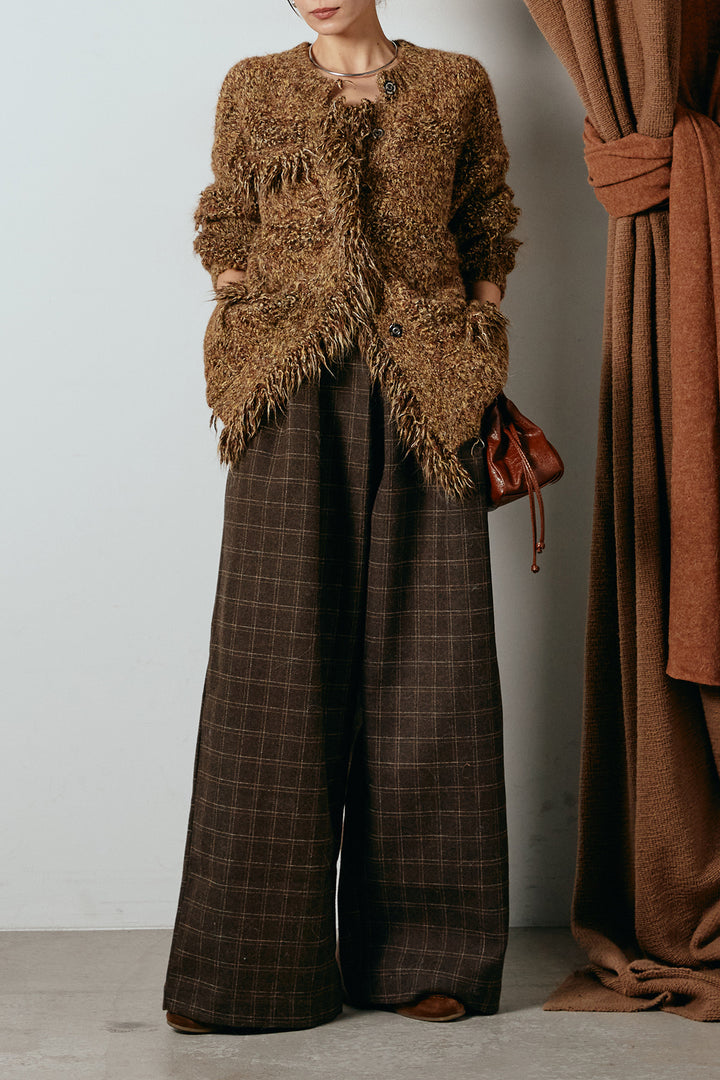 [SET]フリンジニットカーディガン+ウールライクチェックタックパンツ(2set)