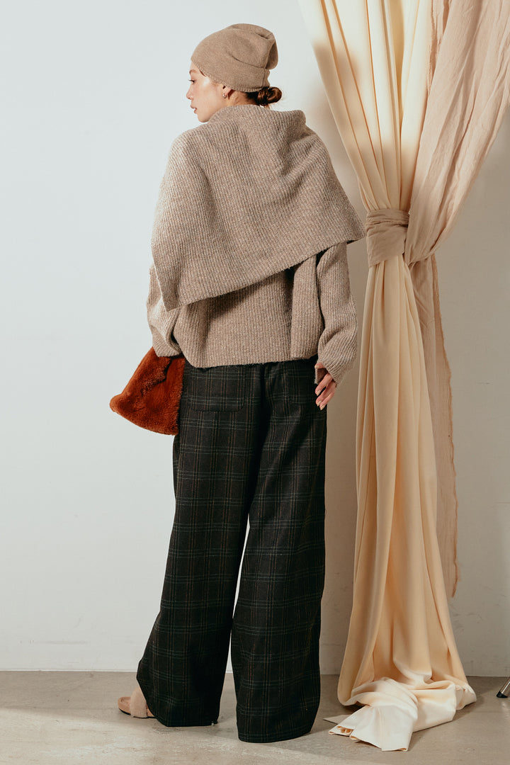 [SET]ケープデザインリブニットトップス+タータンチェック柄タックパンツ(2set)