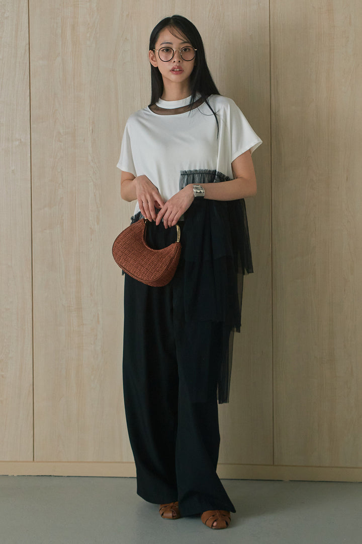 [SET]アシンメトリーチュールフリルTシャツ+ウエストデザインタックワイドパンツ(2set)