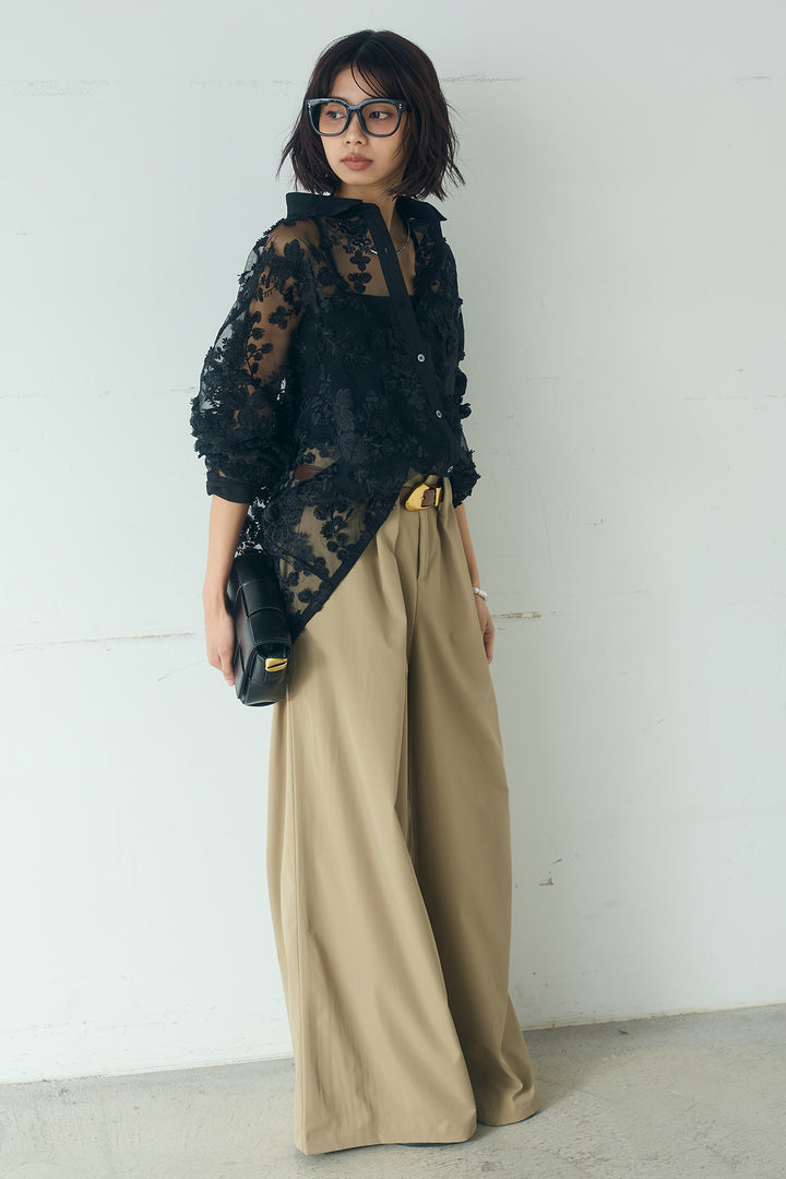 [SET]立体フラワー刺繍レースシャツ+ベルトループデザインハイウエストタックパンツ(2set)