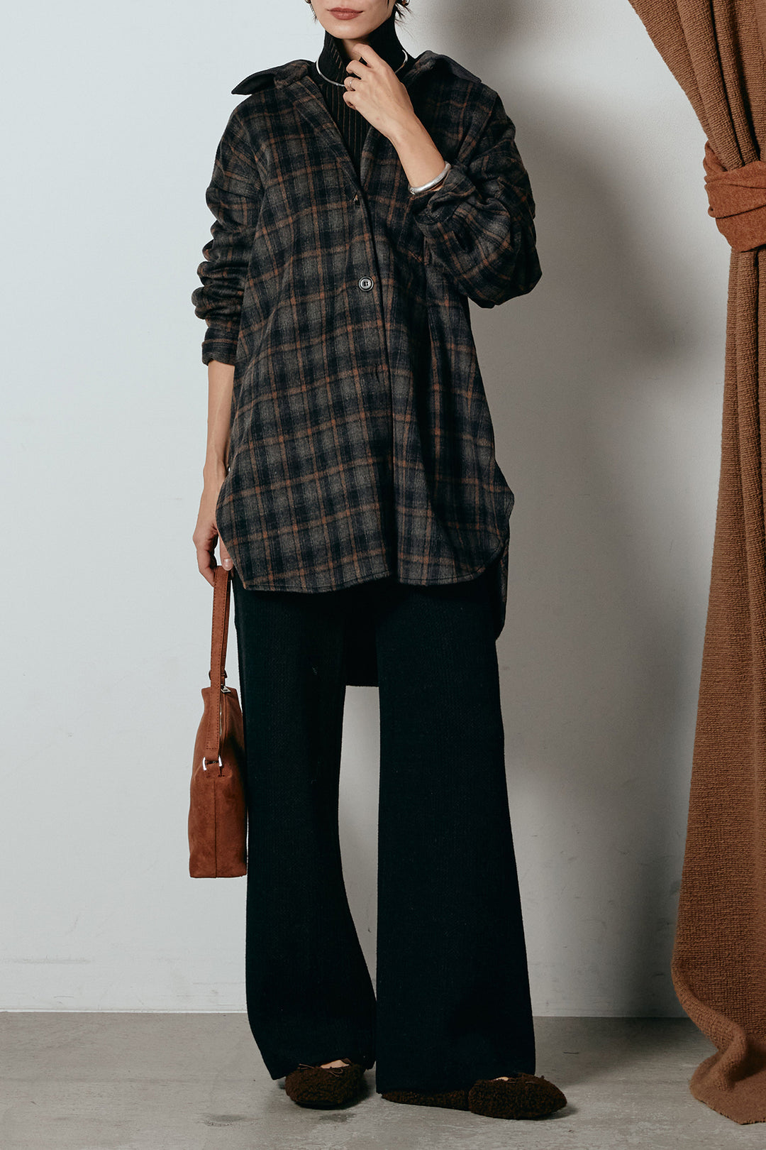 [SET]シャギーチェックシャツジャケット+ワイドリブニットイージーパンツ(2set)