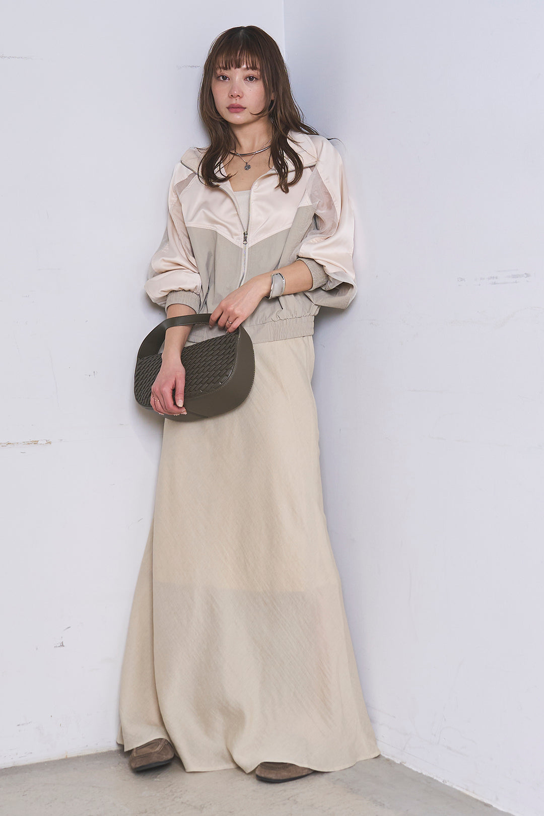 [SET]異素材切替ZIPブルゾン+リネンブレンドロングナロースカート(2set)