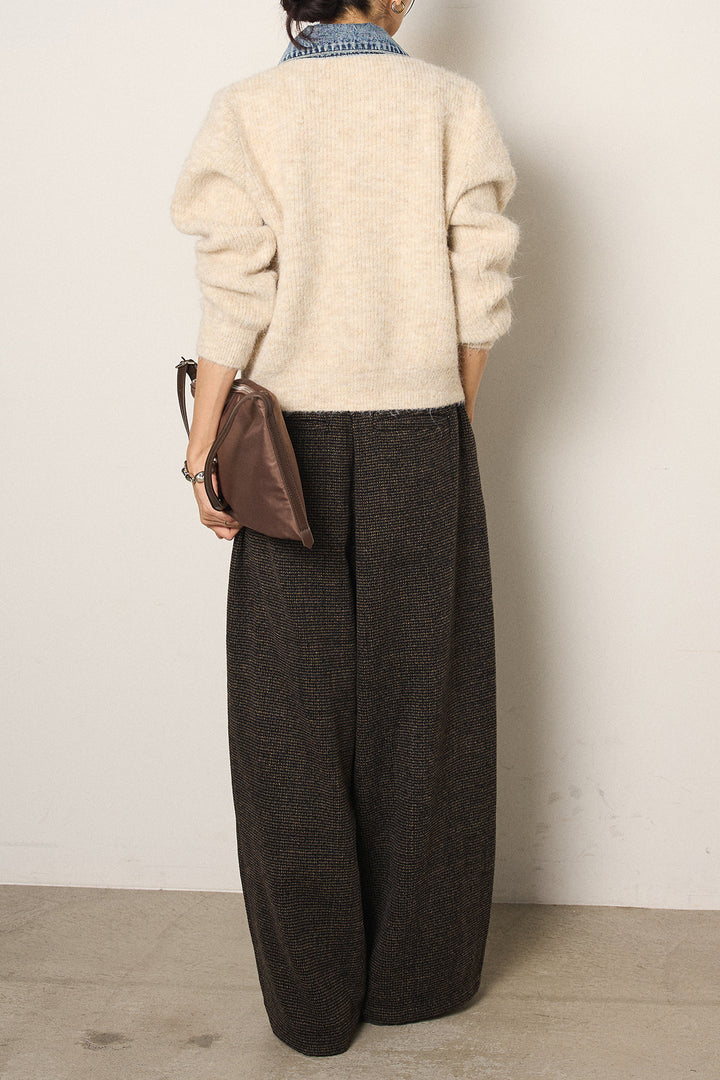 [SET]襟付きデニム切替ニットカーディガン+起毛タック入りツイードワイドパンツ(2set)