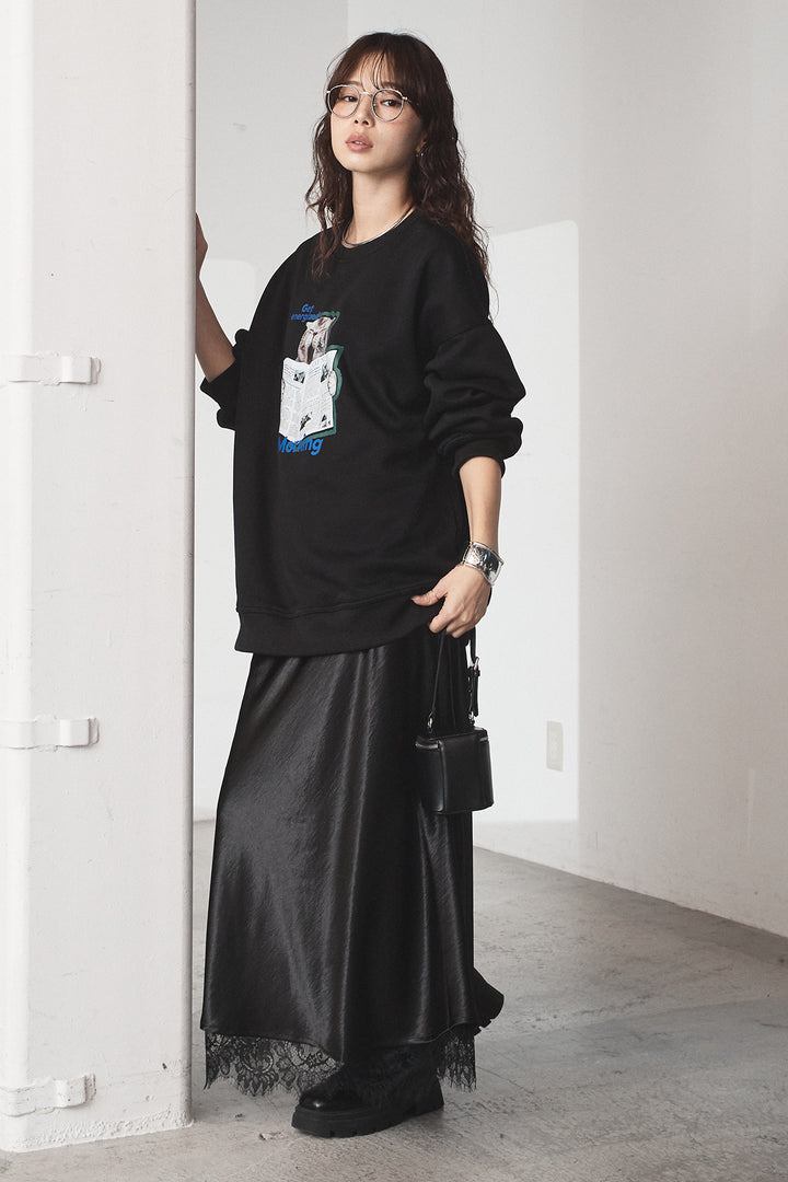 [SET]裏起毛モーニングキャットプリントスウェット+裾レースデザインサテンスカート(2set)