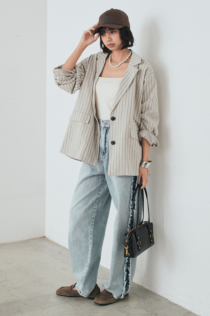 [SET]リネンライクストライプテーラードジャケット+デニムサイドフリルパンツ(2set)