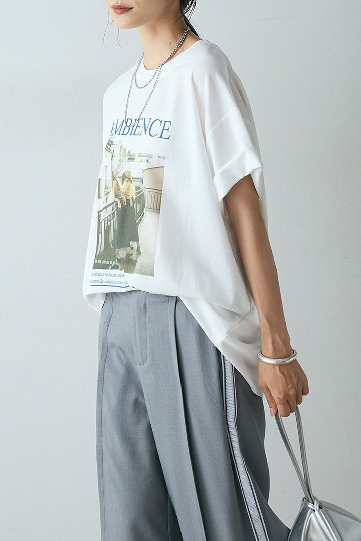 [SET]AMBIENCEフォトプリントTシャツ+サイドラインワイドスラックスパンツ(2set)