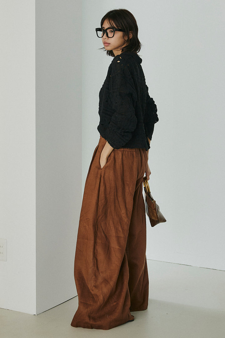 [SET]鍵編みフラワーレースカーディガン+タック入りワイドパンツ(2set)