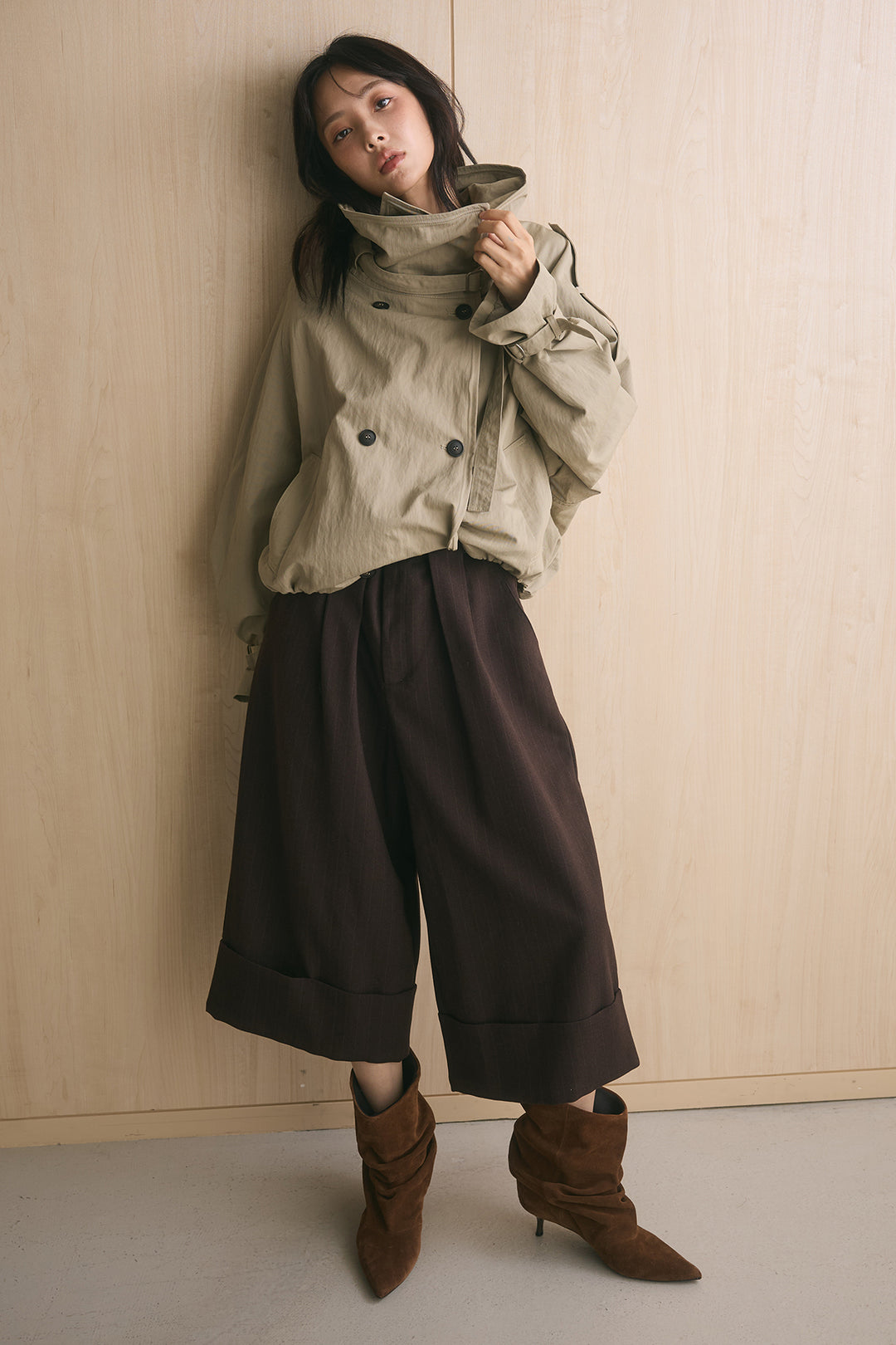 [SET]ハイネックバルーントレンチコート+ミドル丈ピンストライプパンツ(2set)