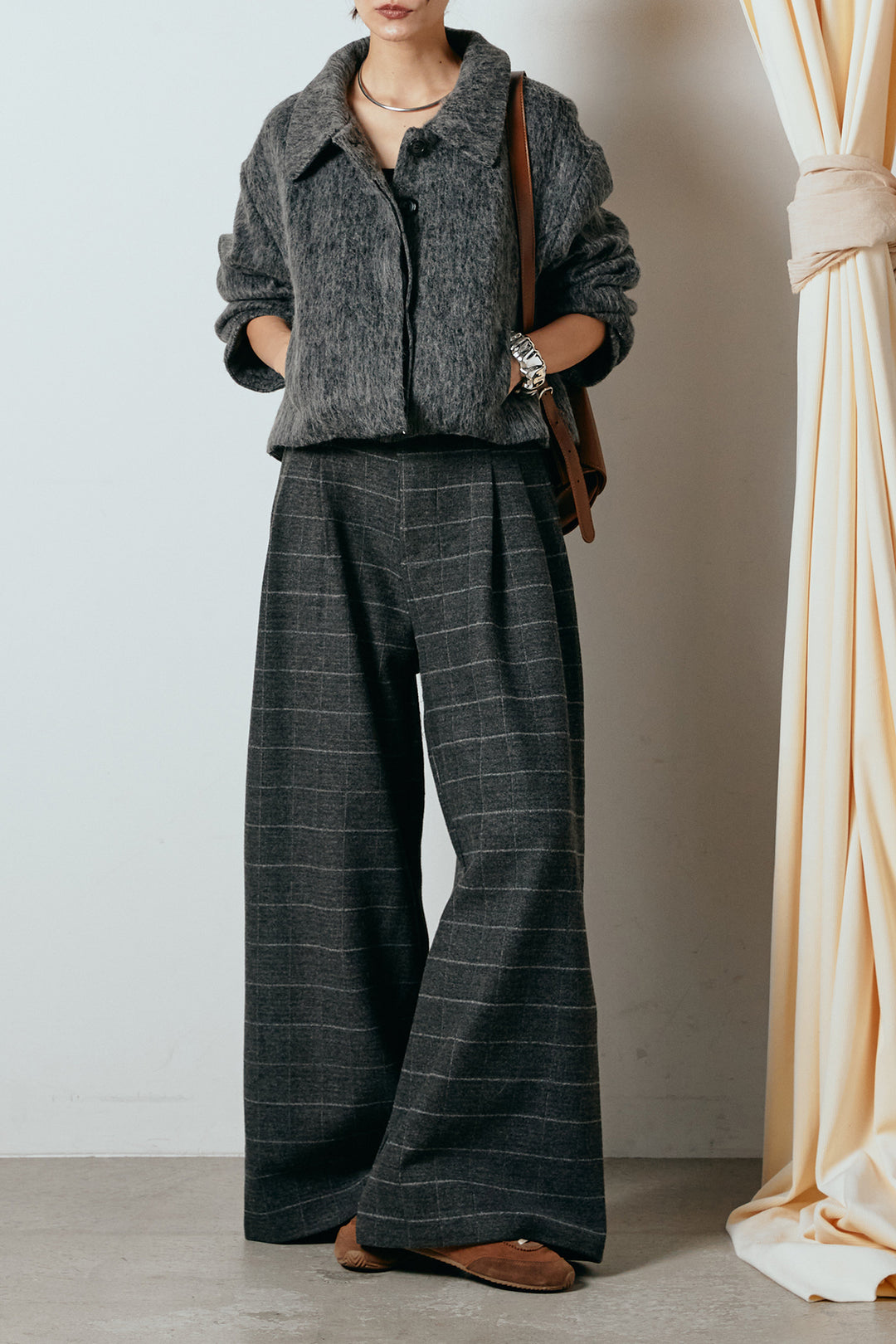 [SET]シャギーショートジャケット+スクエアチェック柄ワイドパンツ(2set)