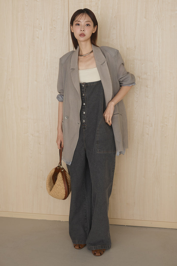 [SET]メッシュテーラードワイドジャケット+フロントボタンデニムサロペット(2set)