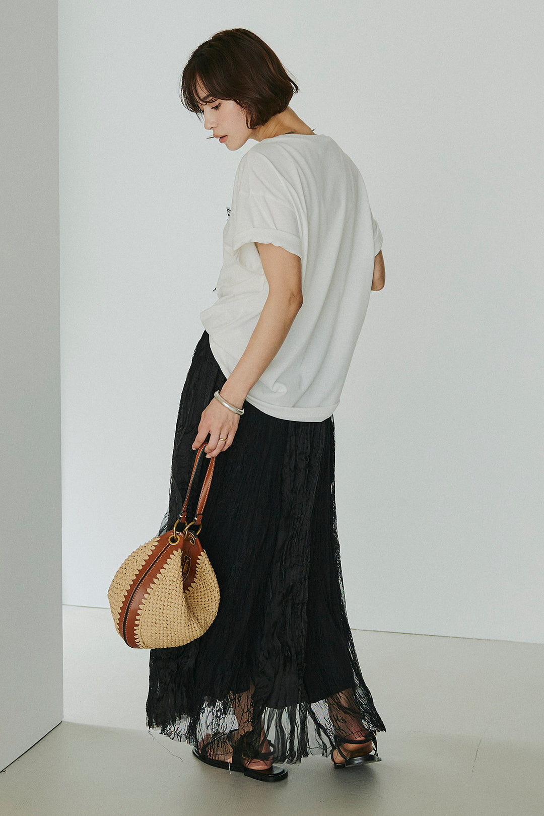 [SET]レースロゴ刺繍Tシャツ+レースコンビワッシャーギャザースカート(2set)