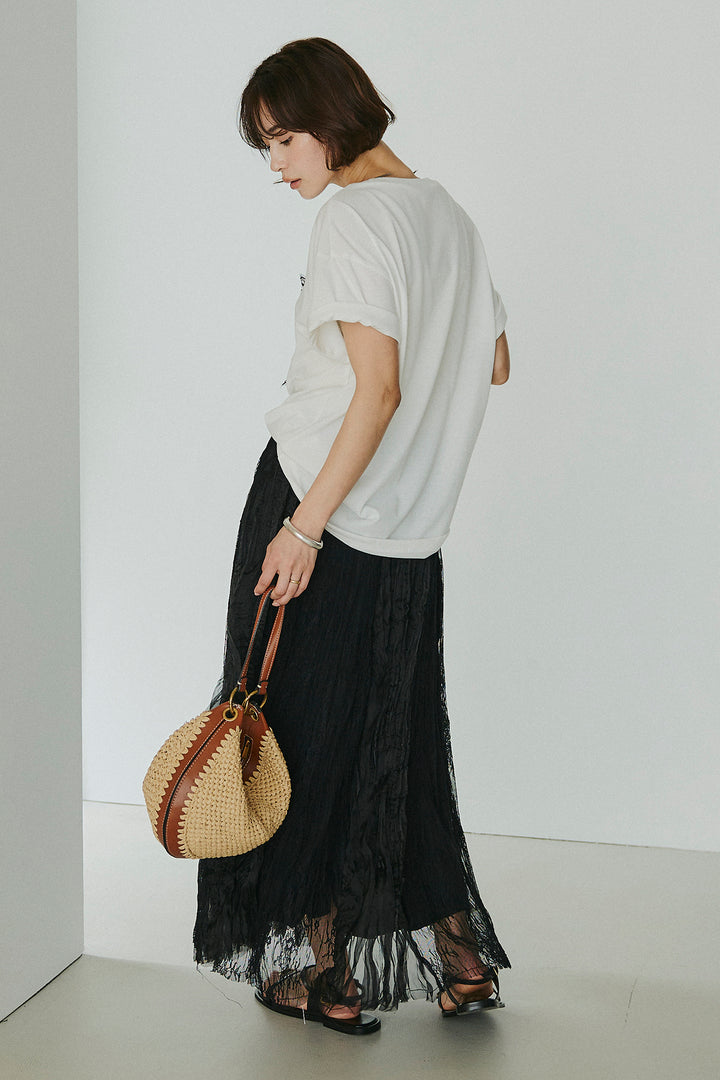 [SET]レースロゴ刺繍Tシャツ+レースコンビワッシャーギャザースカート(2set)