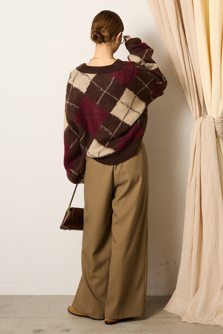 [SET]アクリルモヘアアーガイルキーネックプルオーバー+フロントワイドタックネップ入ワイドパンツ(2set)