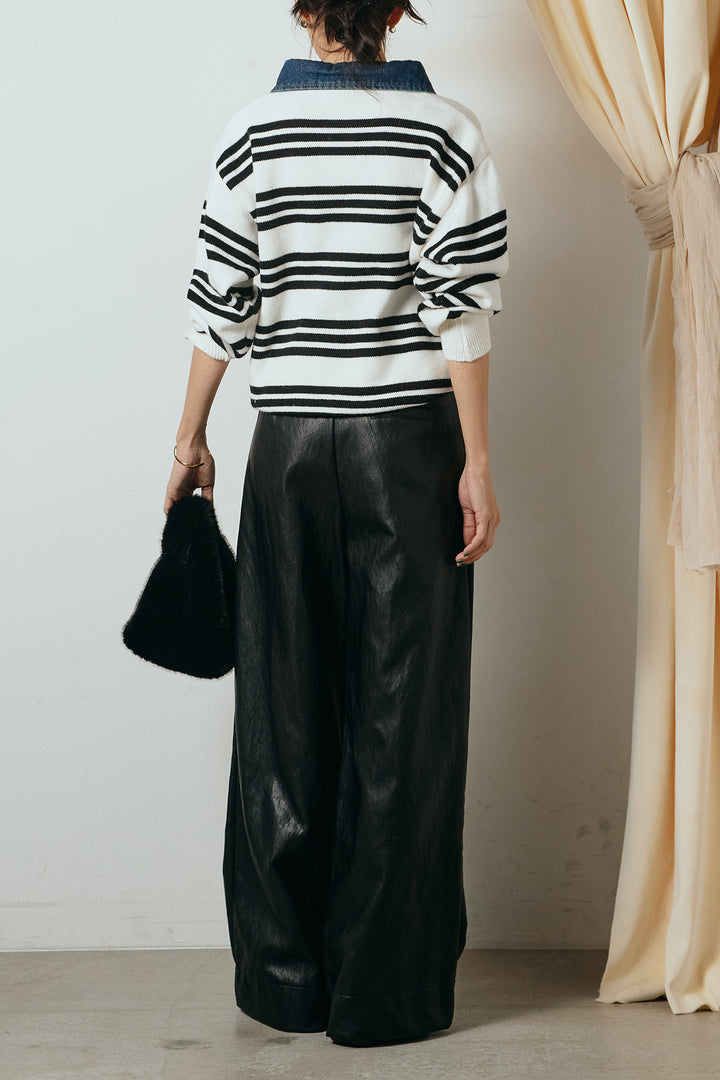 [SET]デニムレイヤード風ランダムボーダーニットプルオーバー+ベルト付きレザーライクタックパンツ(2set)