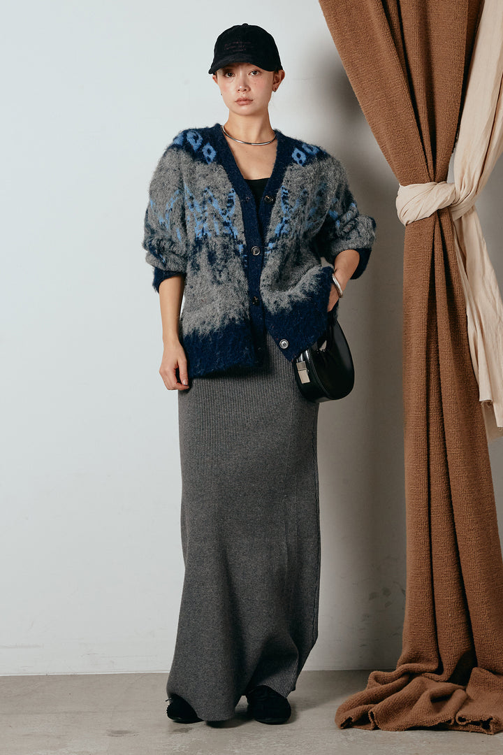 [SET]シャギーニュアンス柄ニットカーディガン+リブナローニットスカート(2set)