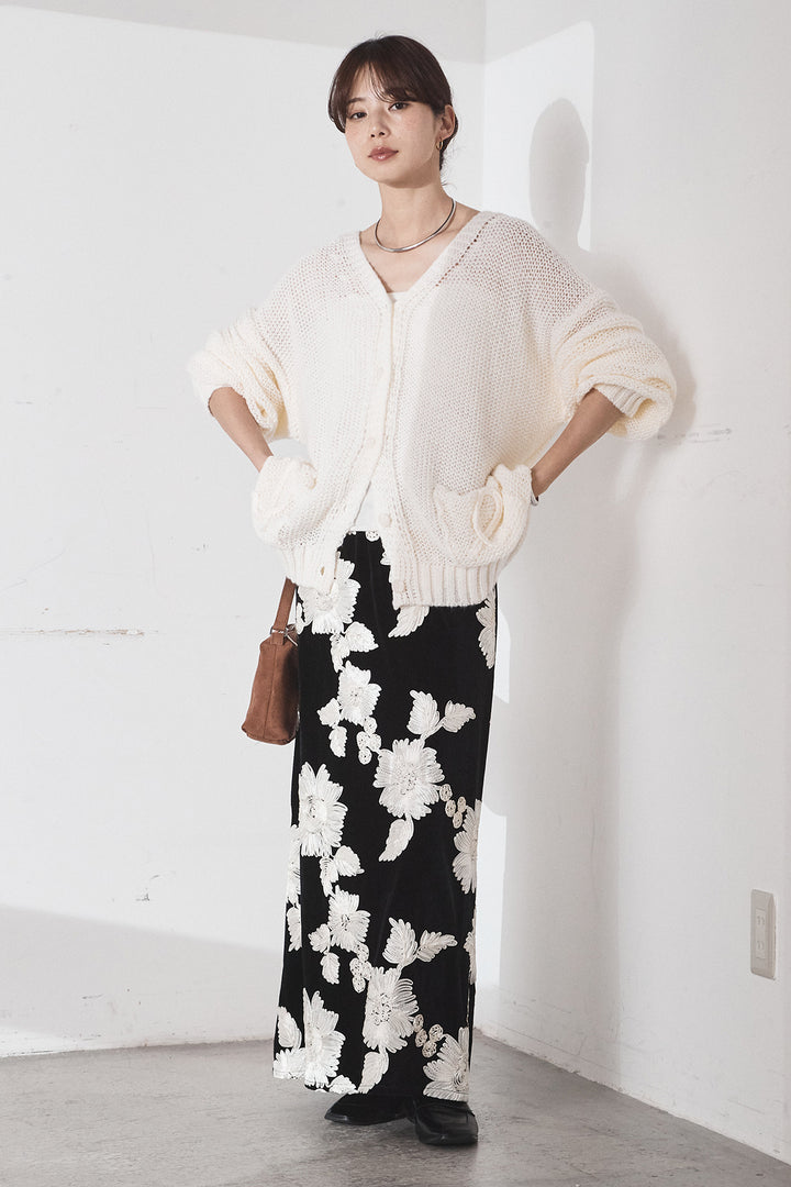 [SET]コード刺繍リラックスニットカーディガン+フラワー刺繍ワイドスカート(2set)
