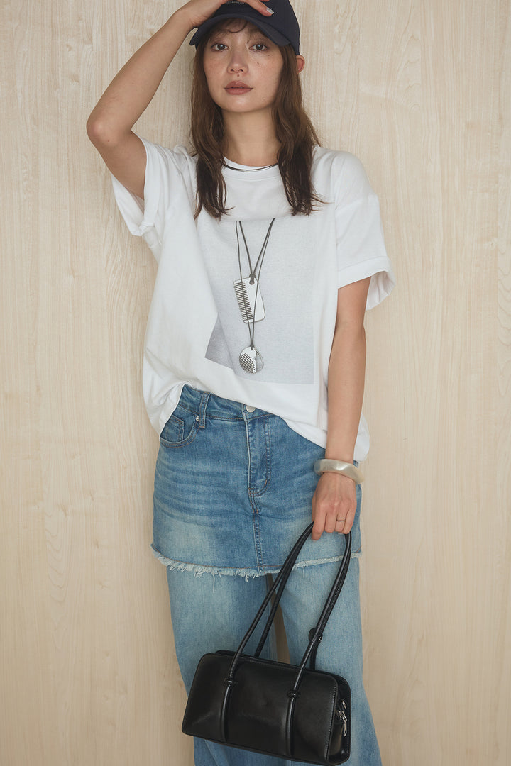 [SET]フロントモチーフプリントビッグTシャツ+スカートドッキングデニム(2set)