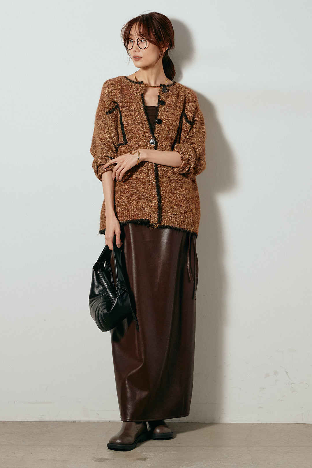 [SET]ミックスニットポケットカーディガン+紐付きフェイクレザーワイドスカート(2set)