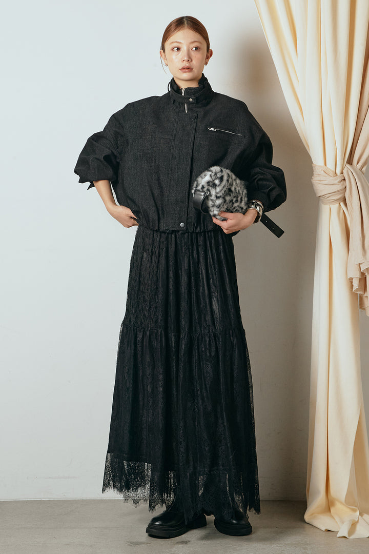 [SET]デニム調ハイネックブルゾン+ひげレース切替ロング丈スカート(2set)