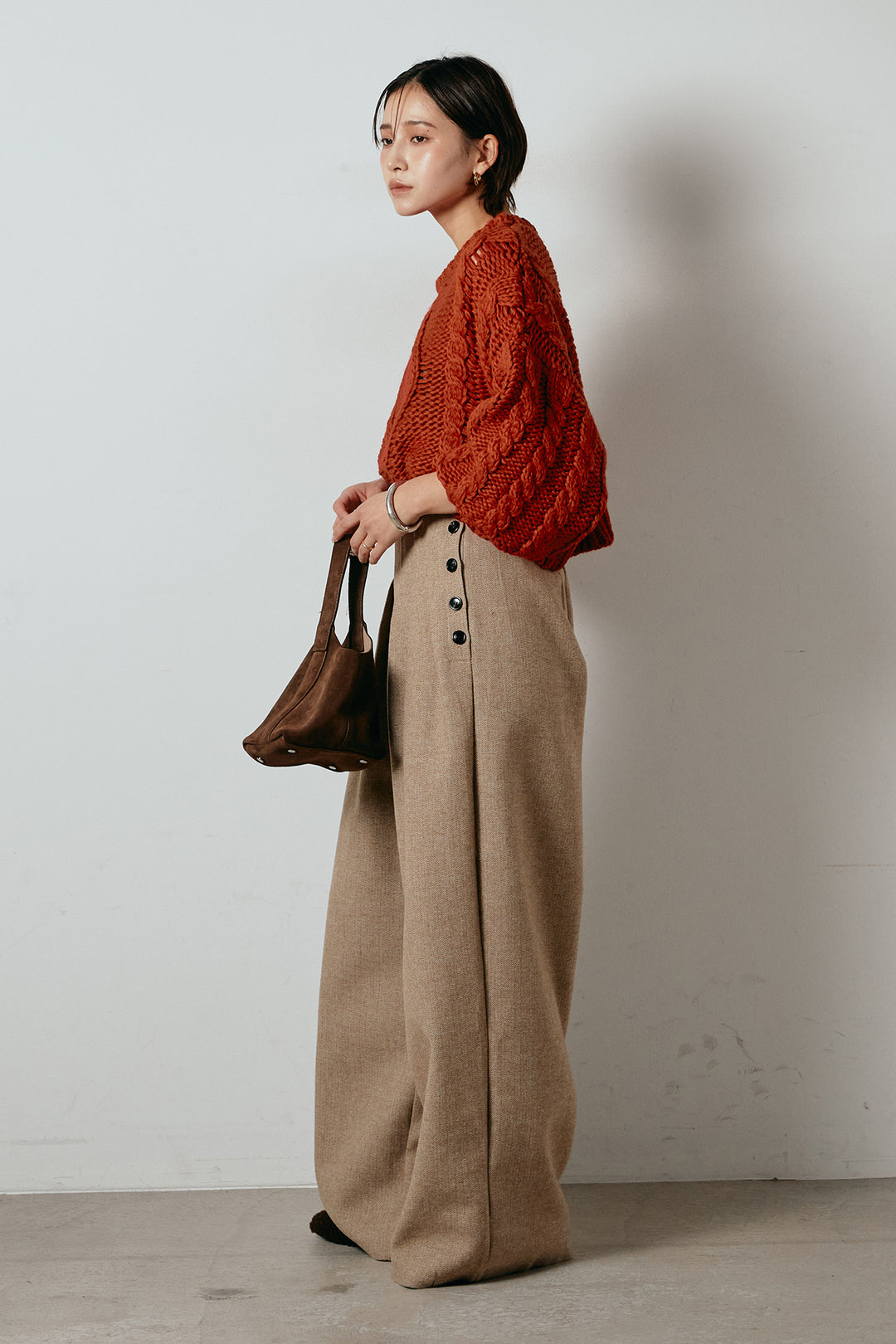 [SET]ロービングケーブルショート丈プルオーバー+サイドボタンツイードタックパンツ(2set)