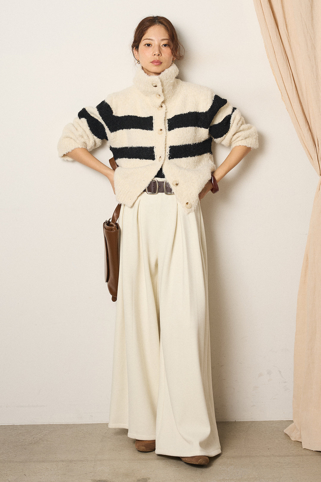 [SET]ハイネックボーダーニットカーディガン+フェイクレザー太ベルト付きタックワイドパンツ(2set)