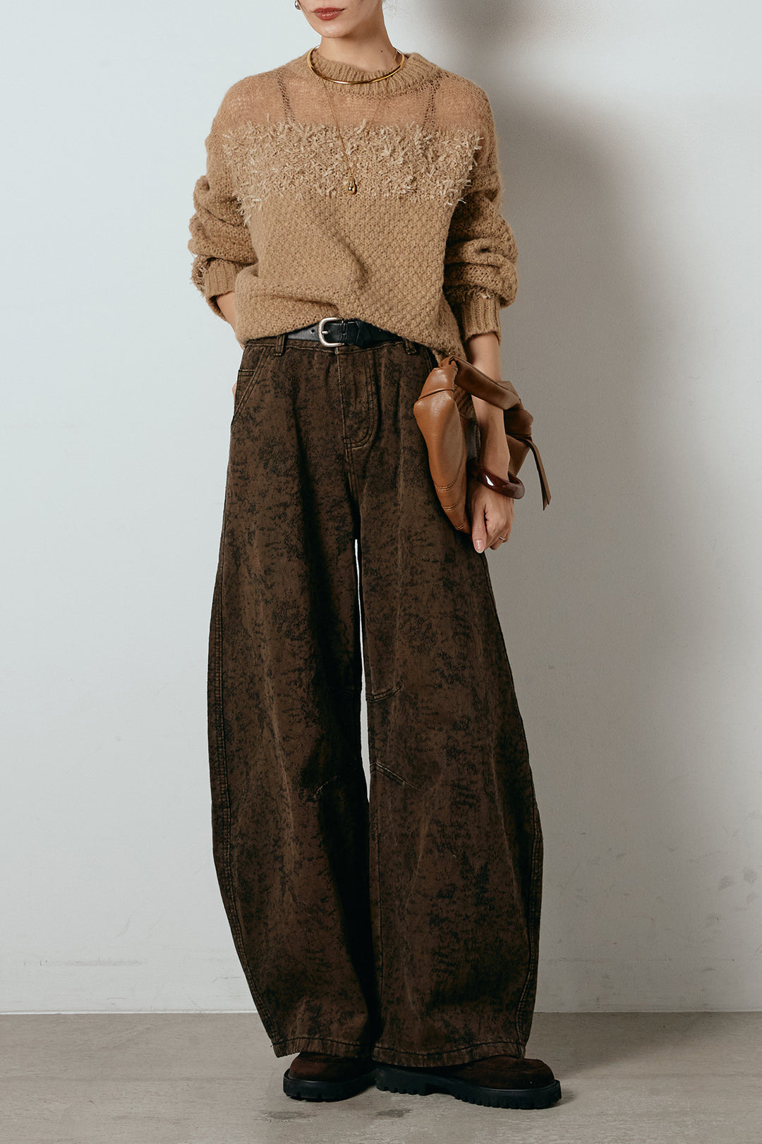 [SET]パターンランダム編みニットトップス+ベルト付きニュアンス柄カーブワイドパンツ(2set)