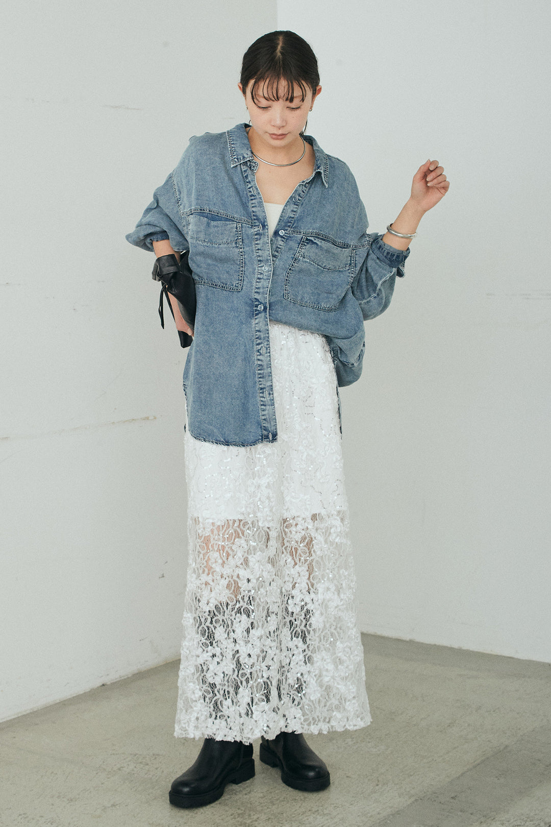 [SET]テンセルデニムシャツ+ラメ刺繍デザインスカート(2set)