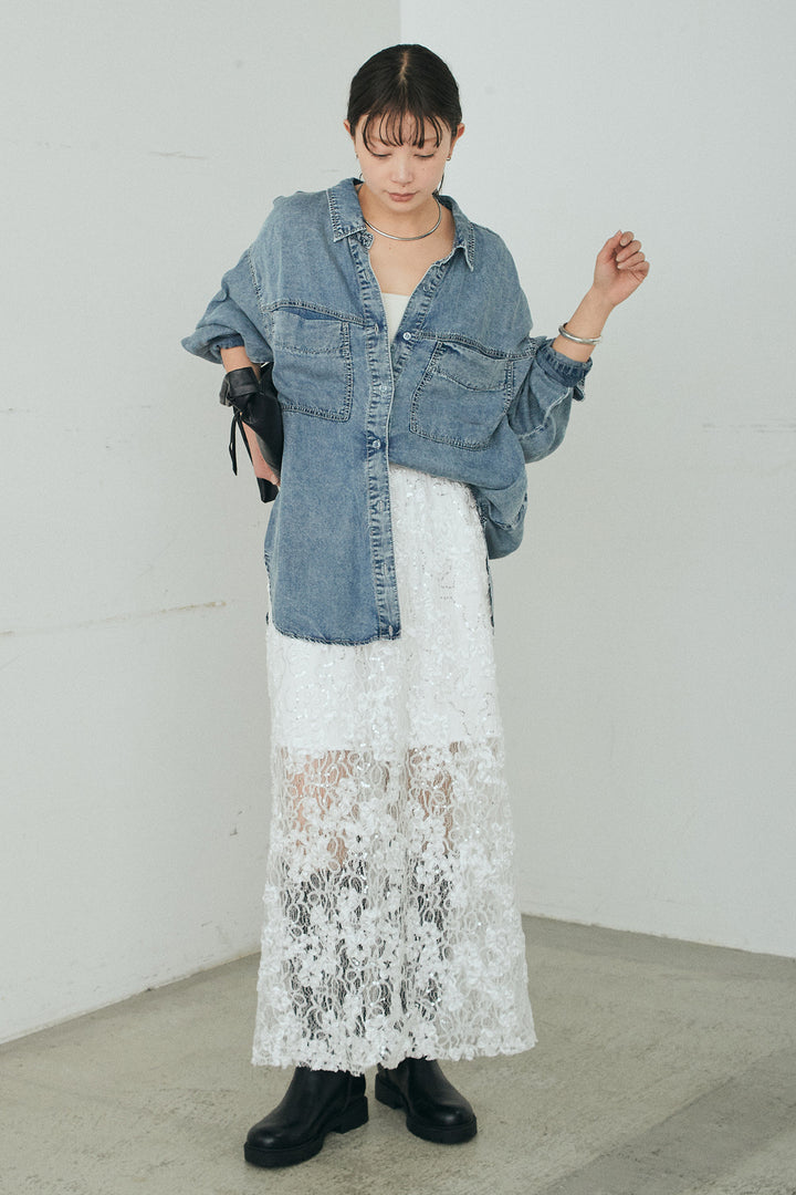 [SET]テンセルデニムシャツ+ラメ刺繍デザインスカート(2set)