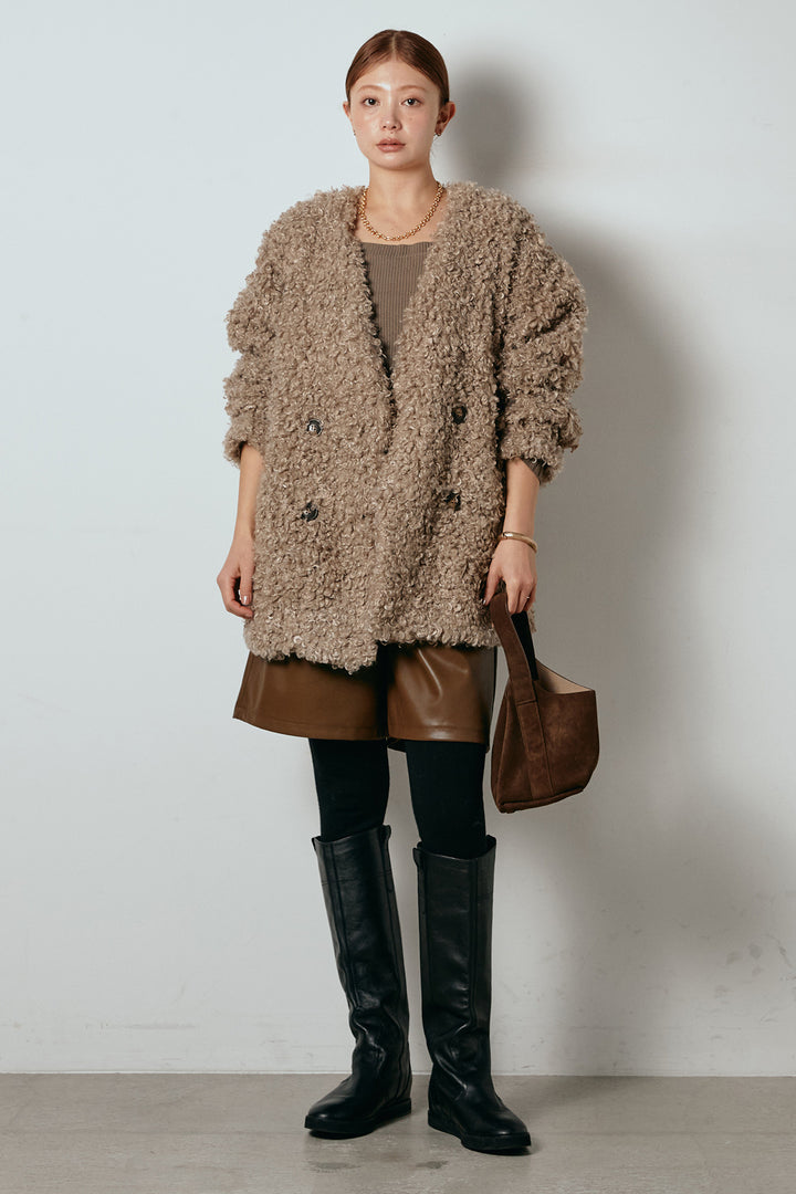 [SET]シープライクファージャケット+ストレッチエコレザーバミューダパンツ(2set)