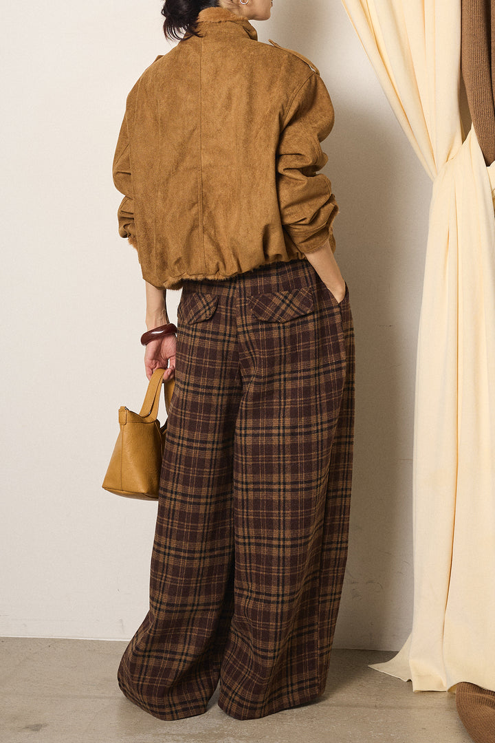 [SET]スタンド襟スウェードライクアウター+スタッズデザインベルトタータンチェックパンツ(2set)