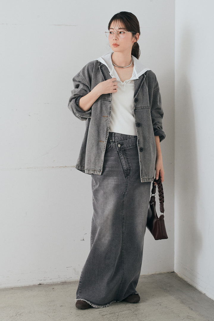 [SET]オーバーデニムジャケット+ウエストクロスデニムタイトスカート+シアーリブフーディプルオーバー(3set)